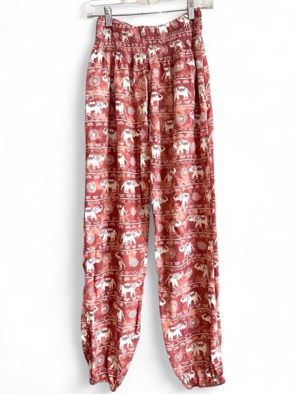 🐘 Lotus & Luna Elephant-Print Flowy Yoga Pants • Pink & White